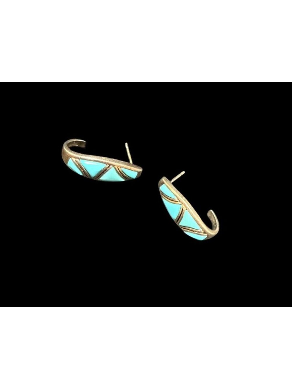 Teme NAVAJO Turquoise Minimalist Sterling Silver Signed Half Hoop Pierced